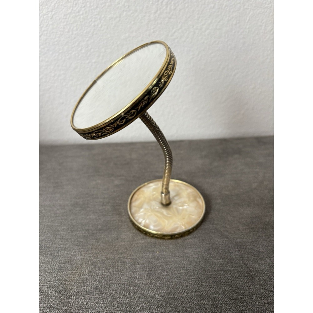 Vintage Vanity Mirror Gooseneck Double Sided Round Magnifying Ivory Gold Plastic